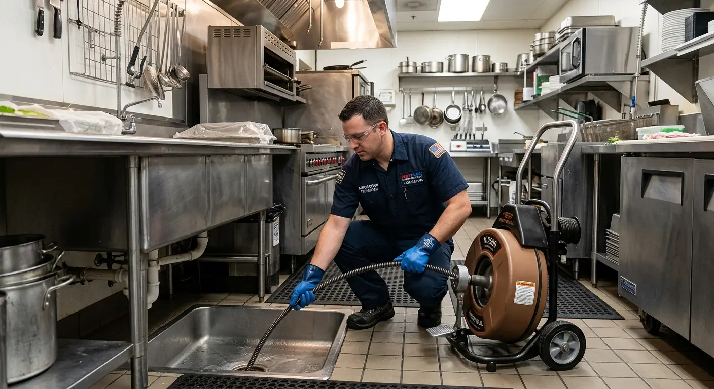 Commercial drain cleaning service in a restaurant kitchen in Brandon