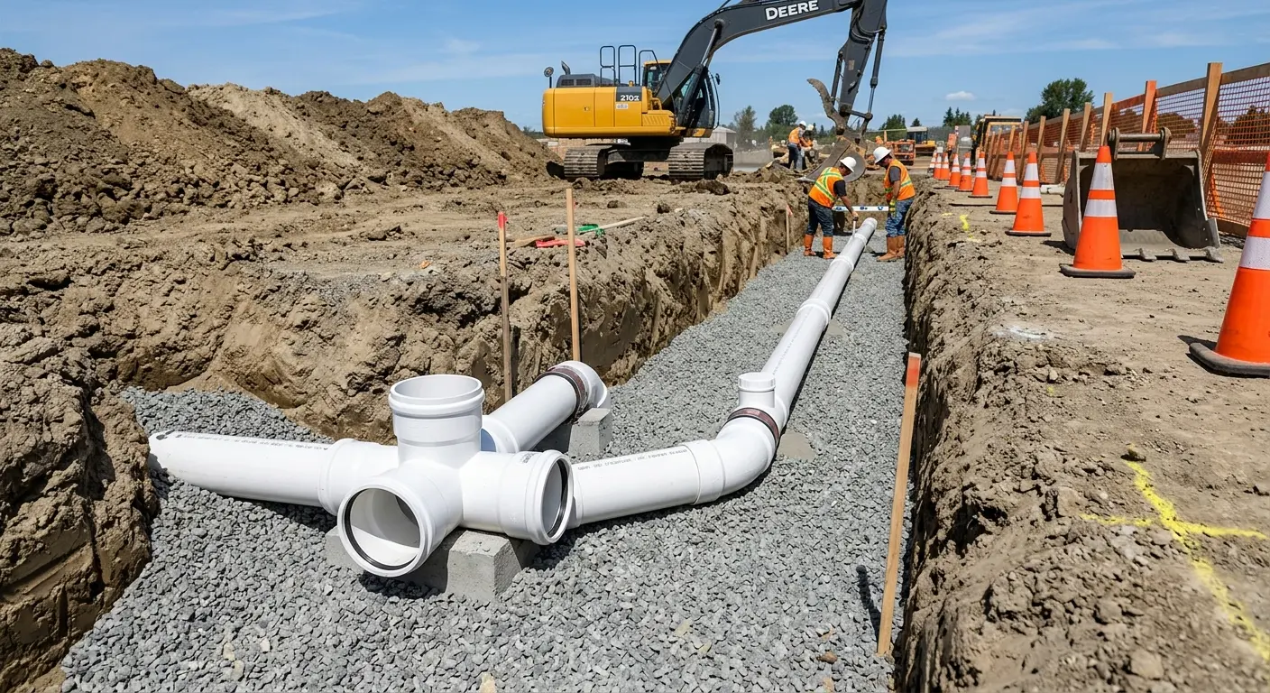 New PVC sewer pipe installation in open trench for Commercial Drain Cleaning in Brandon
