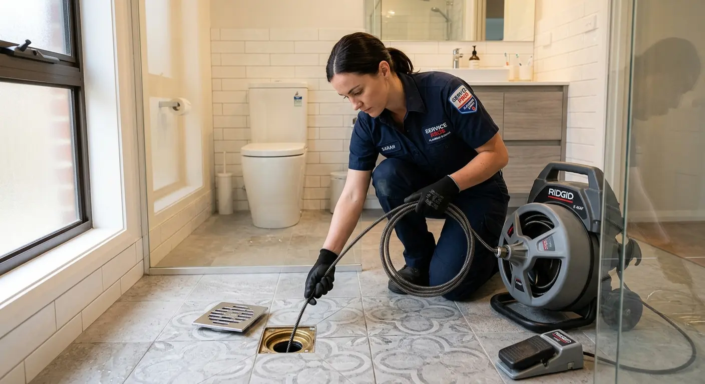Technician clearing a bathroom floor drain for Sewer Line Installation in Brandon
